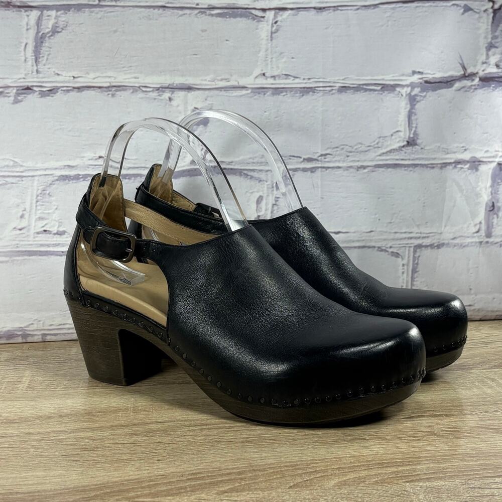 Dansko Black Leather Clogs with Block Heel